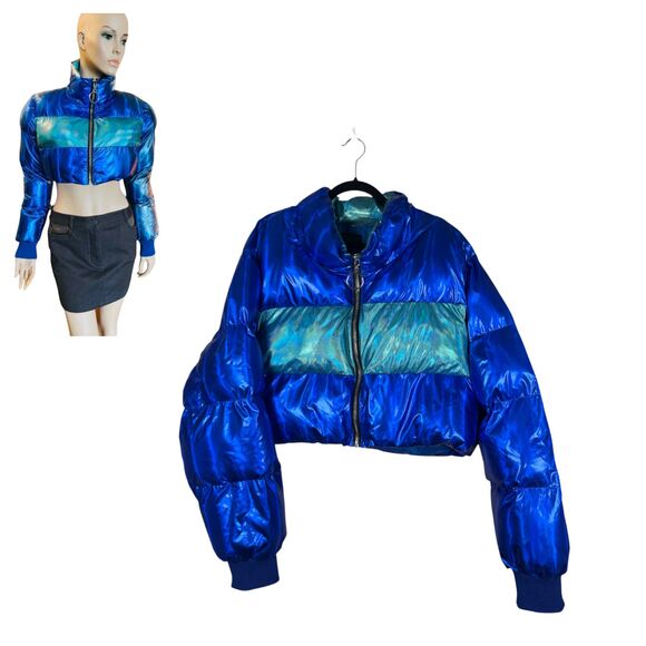 Club Exx Dolls Kill Blue Metallic Colorblock Cropped Puffer Jacket Size 2X - Picture 1 of 7